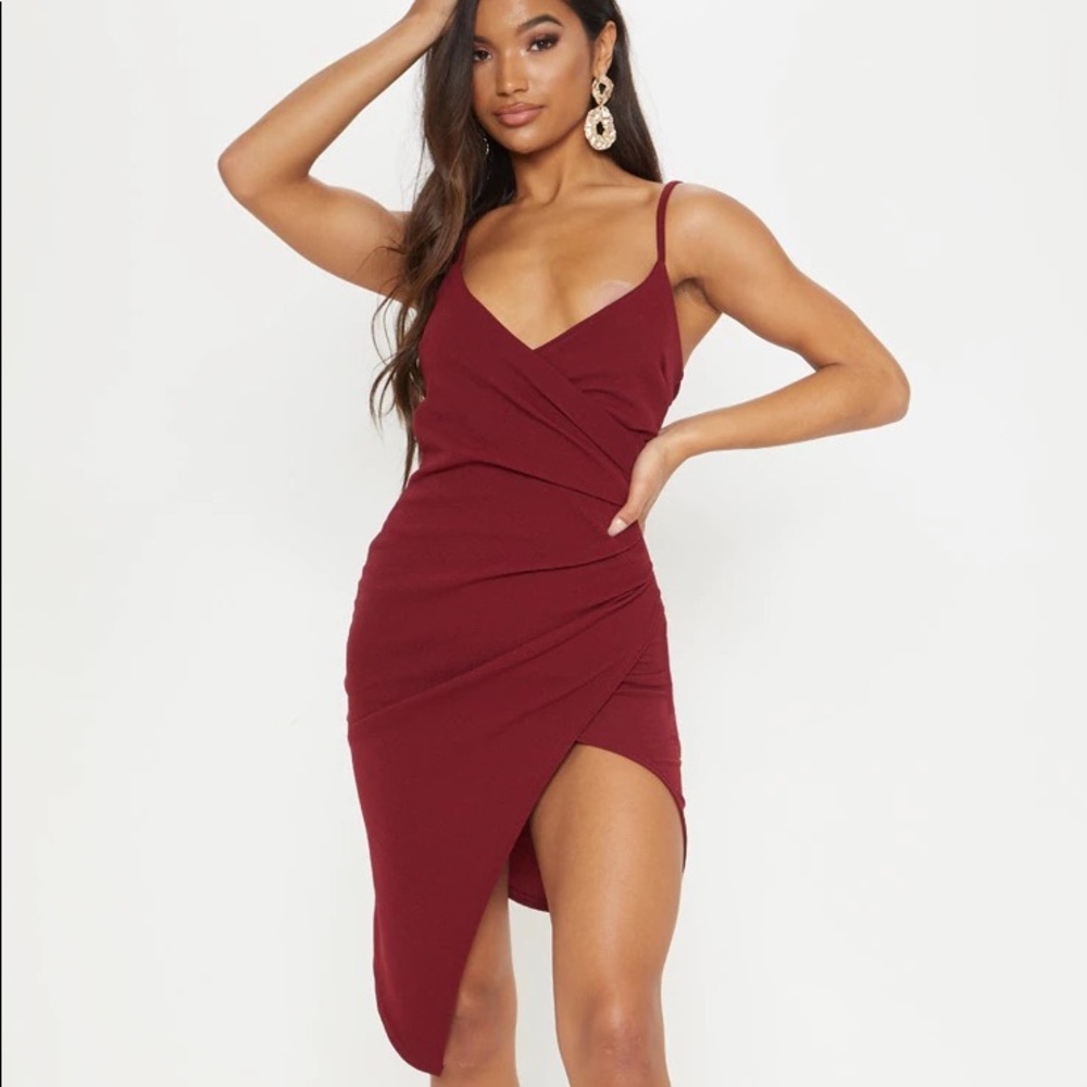 PrettyLittleThing Lauriell Burgundy Wrap Front Crepe Midi Dress